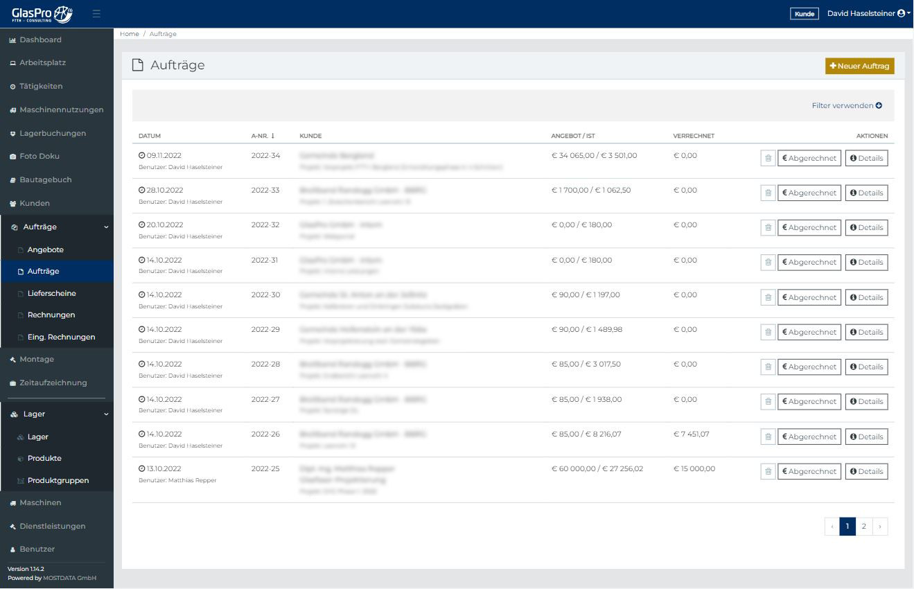 Screenshot der Anwendung: Auftragsübersicht